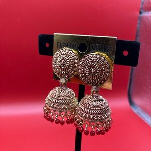 Intricate Gold and Red Jhumka Earrings